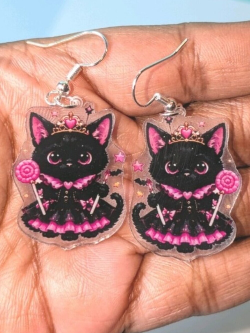 Black Cat Dangle Earrings with Pink Accents